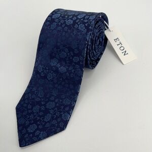 Eton Luxury Silk Tie Mens‎ One Size Navy Blue Floral Necktie Made In England NWT